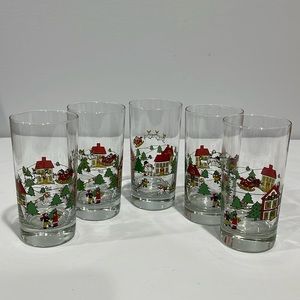 Christmas Village Highball Glasses Sleigh Play Scenes Vintage 1980s Set of 5